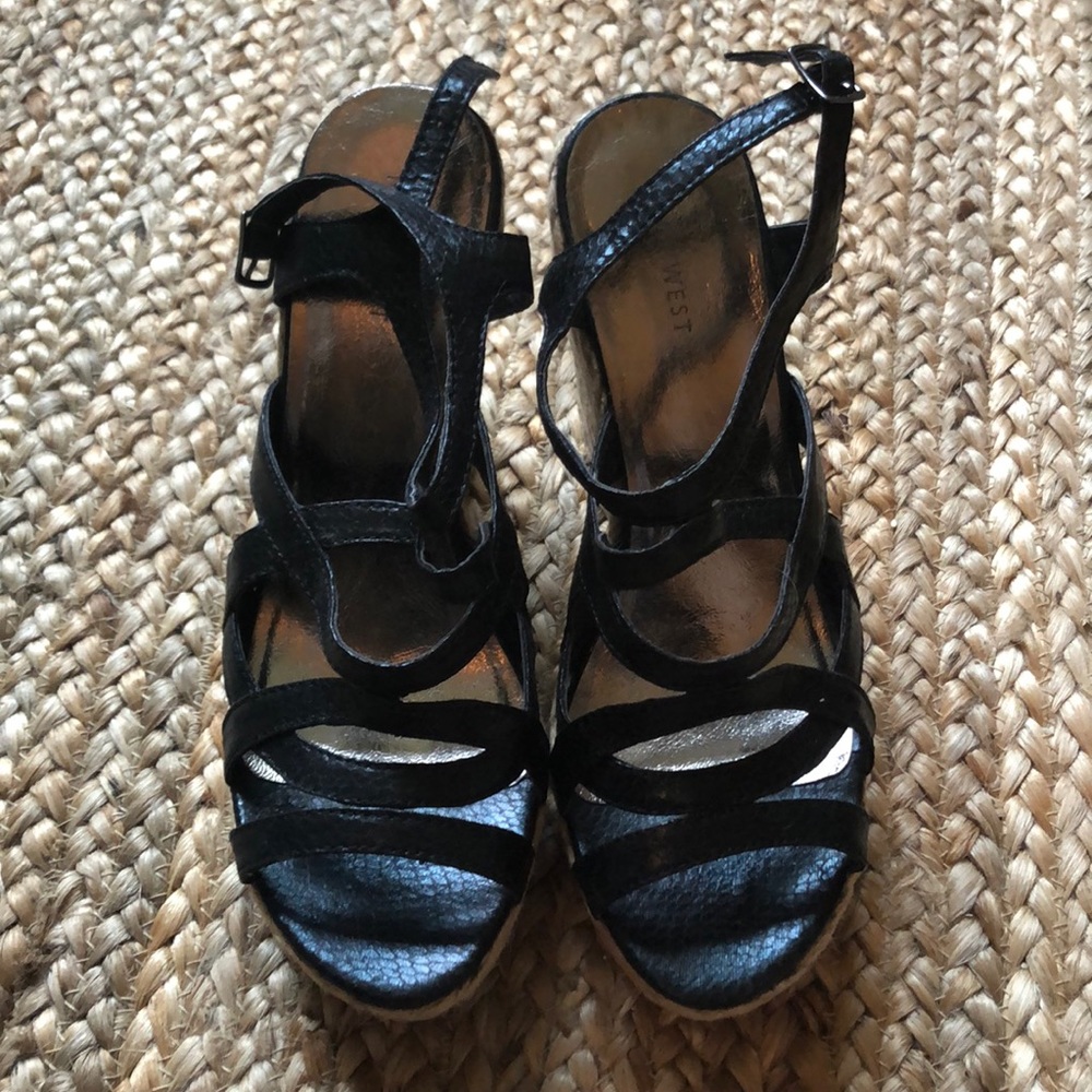 Nine West black leather wedges